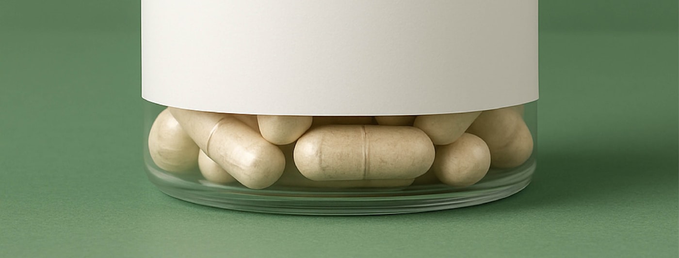 A clear supplement bottle filled with capsules