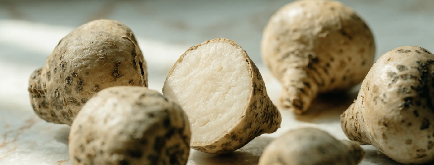 Whole and sliced dried maca root on a pale surface