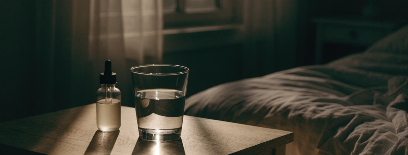 A glass of water and a dropper bottle on a nightstand in moonlight