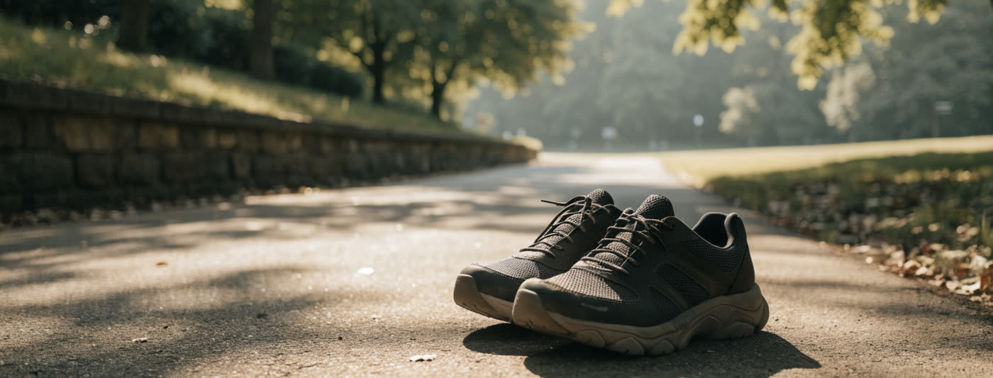 A pair of walking shoes on a park path