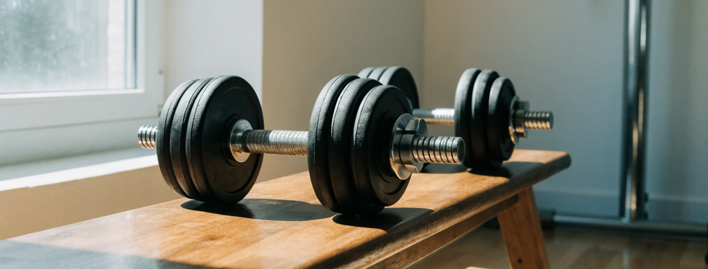A set of dumbbells on a bench in a home gym