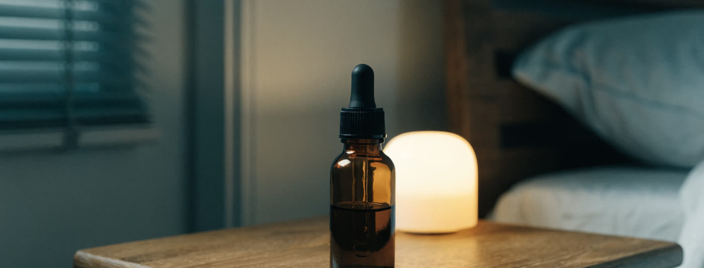 A dropper bottle on a nightstand in warm evening light